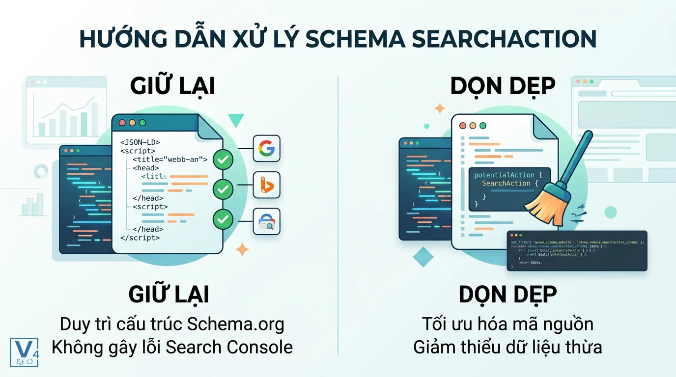 phuong-an-xu-ly-schema-searchaction So sánh hai phương án xử lý Schema SearchAction gồm giữ lại để duy trì cấu trúc hoặc dọn dẹp để tối ưu mã nguồn website.