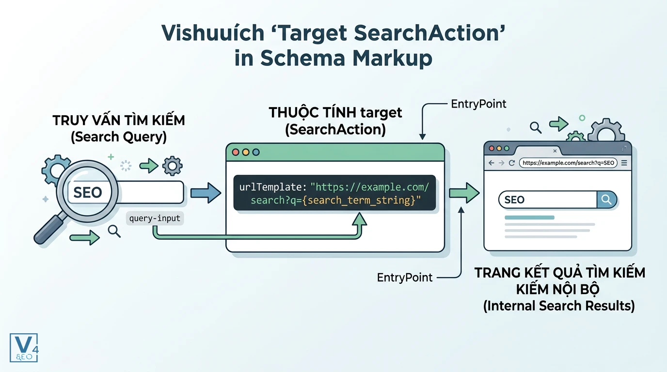 co-che-hoat-dong-target-searchaction Sơ đồ giải thích target SearchAction là gì qua cách chuyển đổi truy vấn tìm kiếm thành URL kết quả nội bộ bằng urlTemplate.