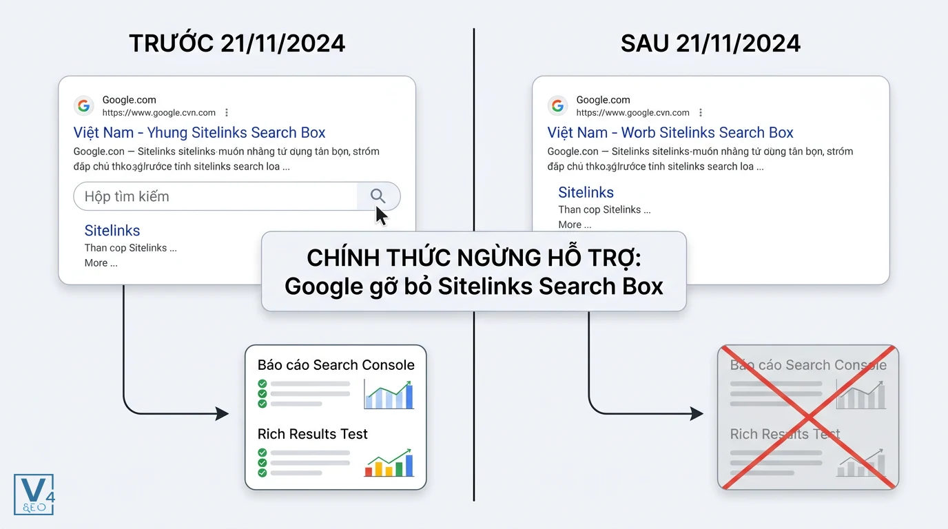 google-khai-tu-sitelinks-search-box So sánh giao diện SERP và báo cáo Search Console trước và sau khi Google ngừng hỗ trợ Sitelinks Search Box.