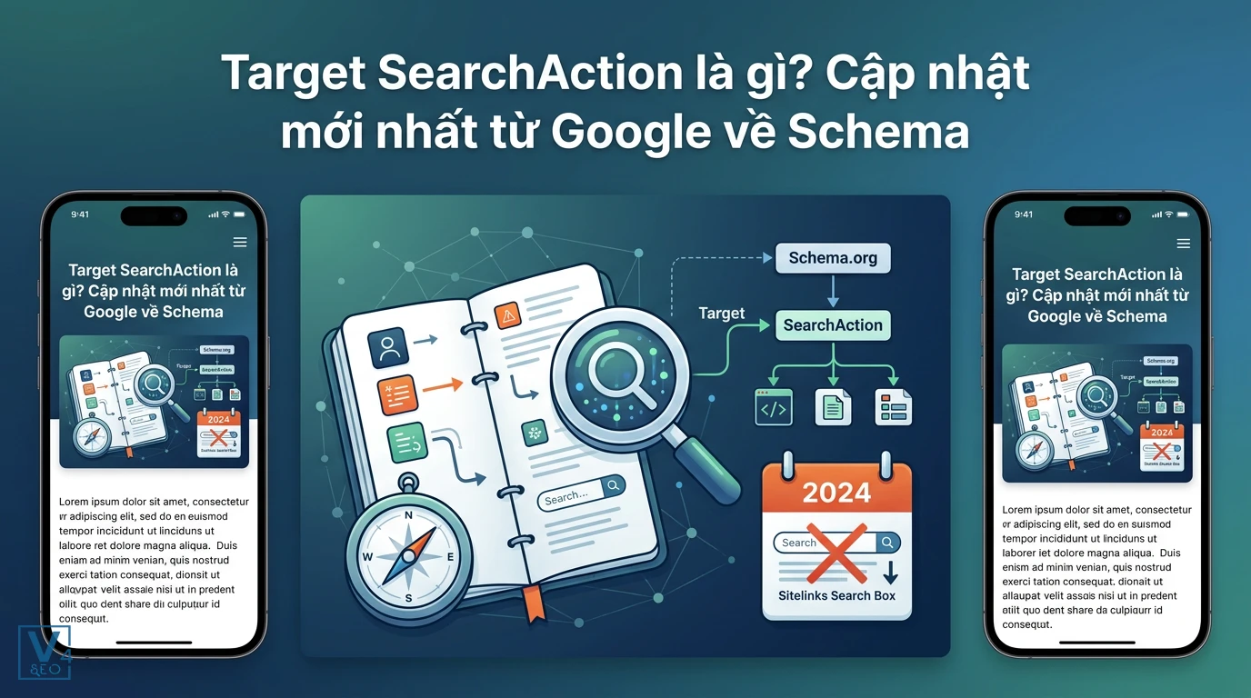 Mô hình giải thích target SearchAction trong Schema và việc Google ngừng hỗ trợ Sitelinks Search Box từ 2024