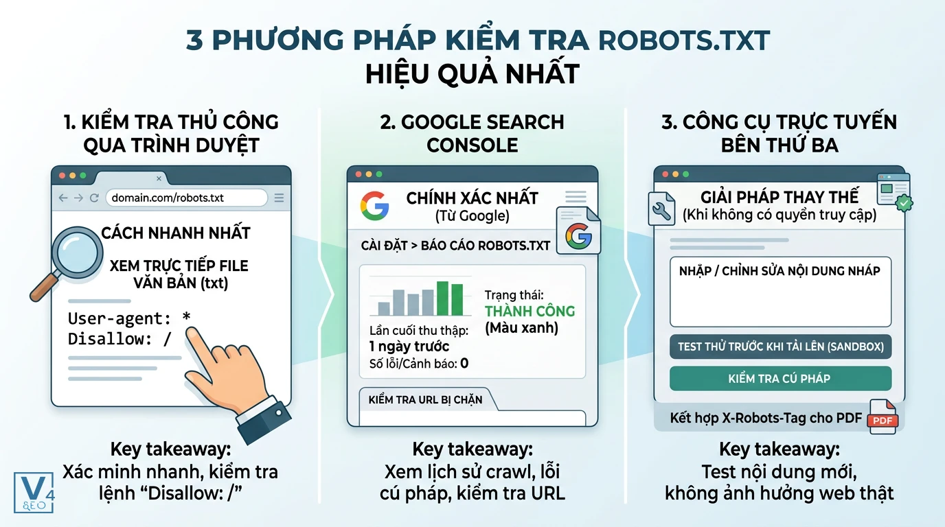 phuong-phap-kiem-tra-robots-txt Sơ đồ so sánh 3 cách test robots là gì gồm kiểm tra thủ công, Google Search Console và công cụ bên thứ ba.