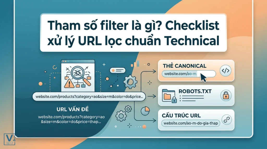 Sơ đồ giải pháp xử lý tham số filter trong URL bằng thẻ canonical, robots.txt và tối ưu cấu trúc URL chuẩn SEO.