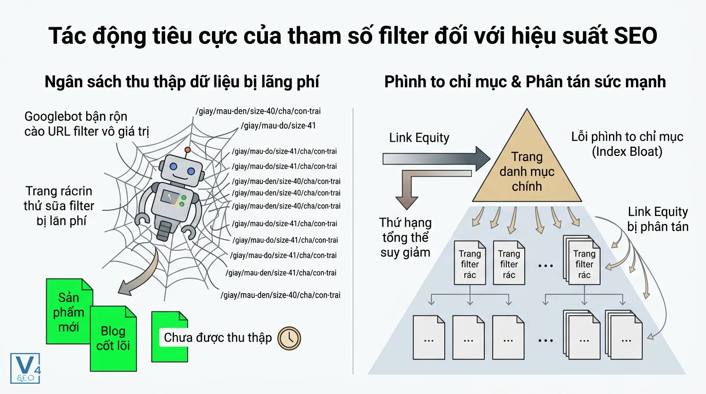 tac-dong-tieu-cuc-cua-tham-so-filter-seo Sơ đồ tác hại của tham số filter gây lãng phí crawl budget và làm phình to chỉ mục website.