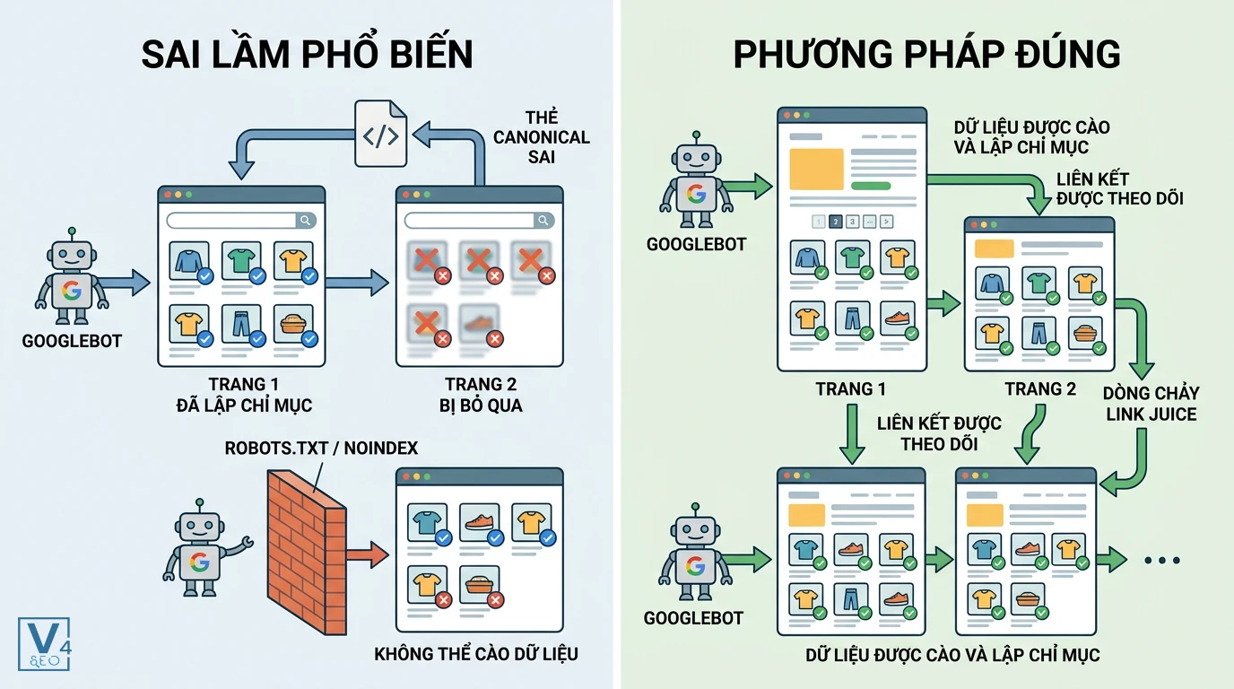 sai-lam-va-giai-phap-xu-ly-tham-so-phan-trang So sánh sai lầm khi dùng canonical sai, chặn robots.txt với phương pháp xử lý tham số phân trang chuẩn SEO.