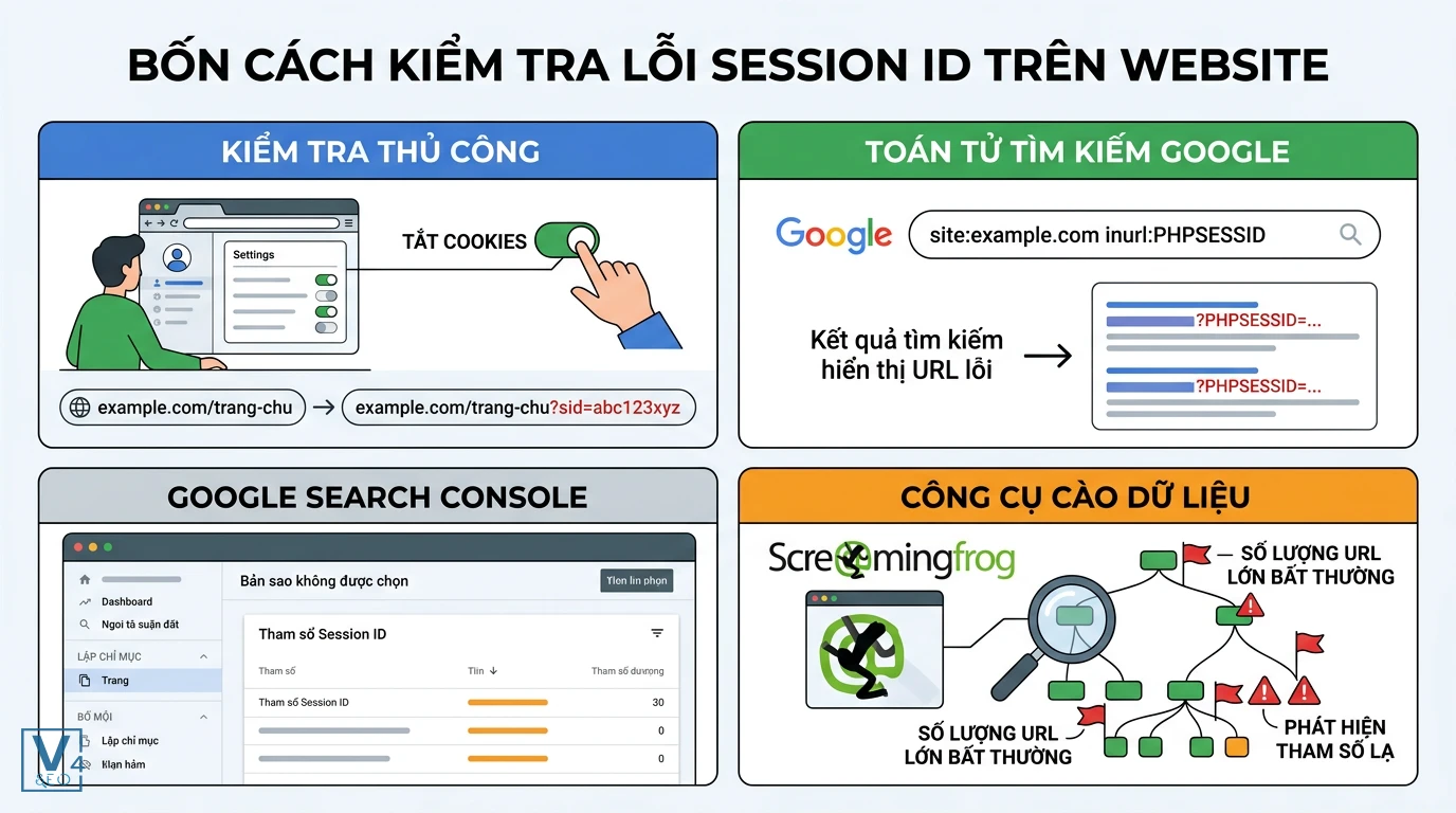 bon-cach-kiem-tra-loi-session-id Sơ đồ tóm tắt 4 phương pháp phát hiện lỗi tham số session id trên website bằng thủ công, Google, Search Console và Screaming Frog.