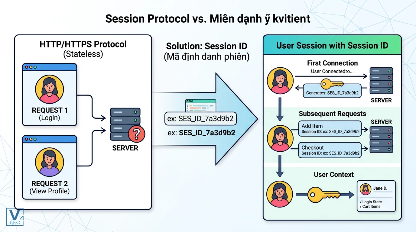co-che-hoat-dong-cua-session-id Sơ đồ giải thích tham số session id là gì giúp giải quyết tính chất không lưu trạng thái của giao thức HTTP.