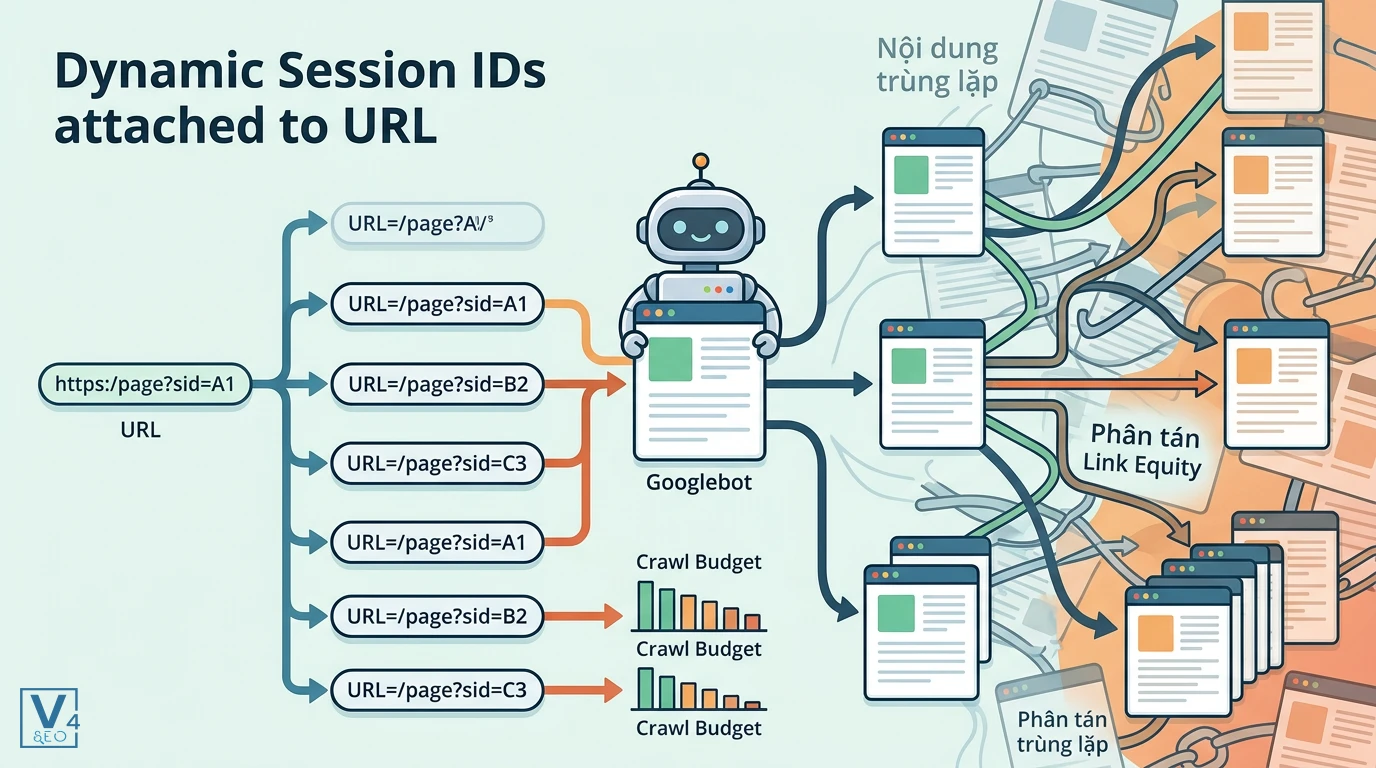 tac-hai-cua-session-id-tren-url-voi-seo Sơ đồ tác hại của tham số session id là gì đối với SEO khi Googlebot cào dữ liệu gây trùng lặp nội dung và lãng phí crawl budget.