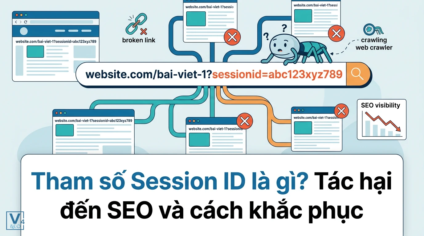 Sơ đồ minh họa tác hại của tham số session id gây trùng lặp nội dung và cản trở bọ tìm kiếm thu thập dữ liệu website.