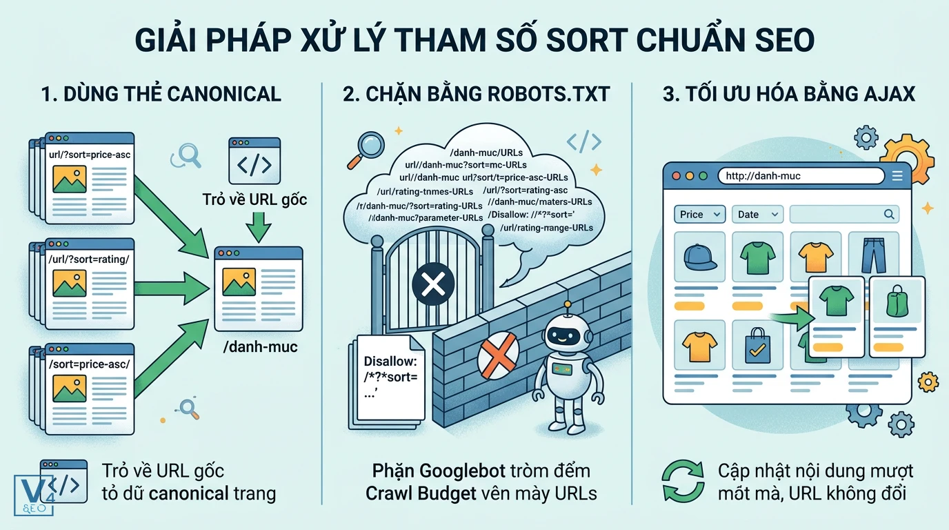 giai-phap-xu-ly-tham-so-sort-seo Ba phương pháp tối ưu tham số sort chuẩn SEO gồm dùng thẻ canonical, chặn bằng robots.txt và ứng dụng công nghệ AJAX.
