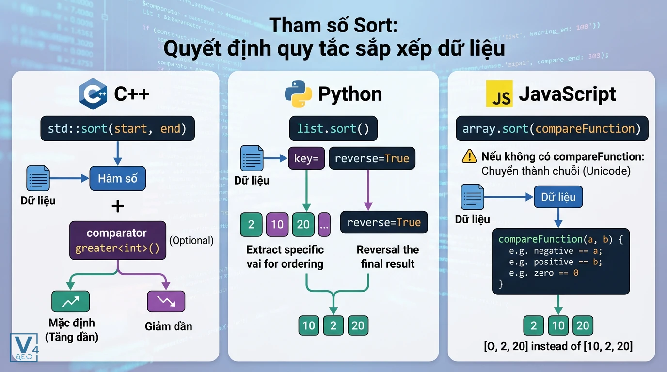 tham-so-sort-trong-lap-trinh So sánh cách hoạt động của tham số sort trong ba ngôn ngữ lập trình C++, Python và JavaScript.