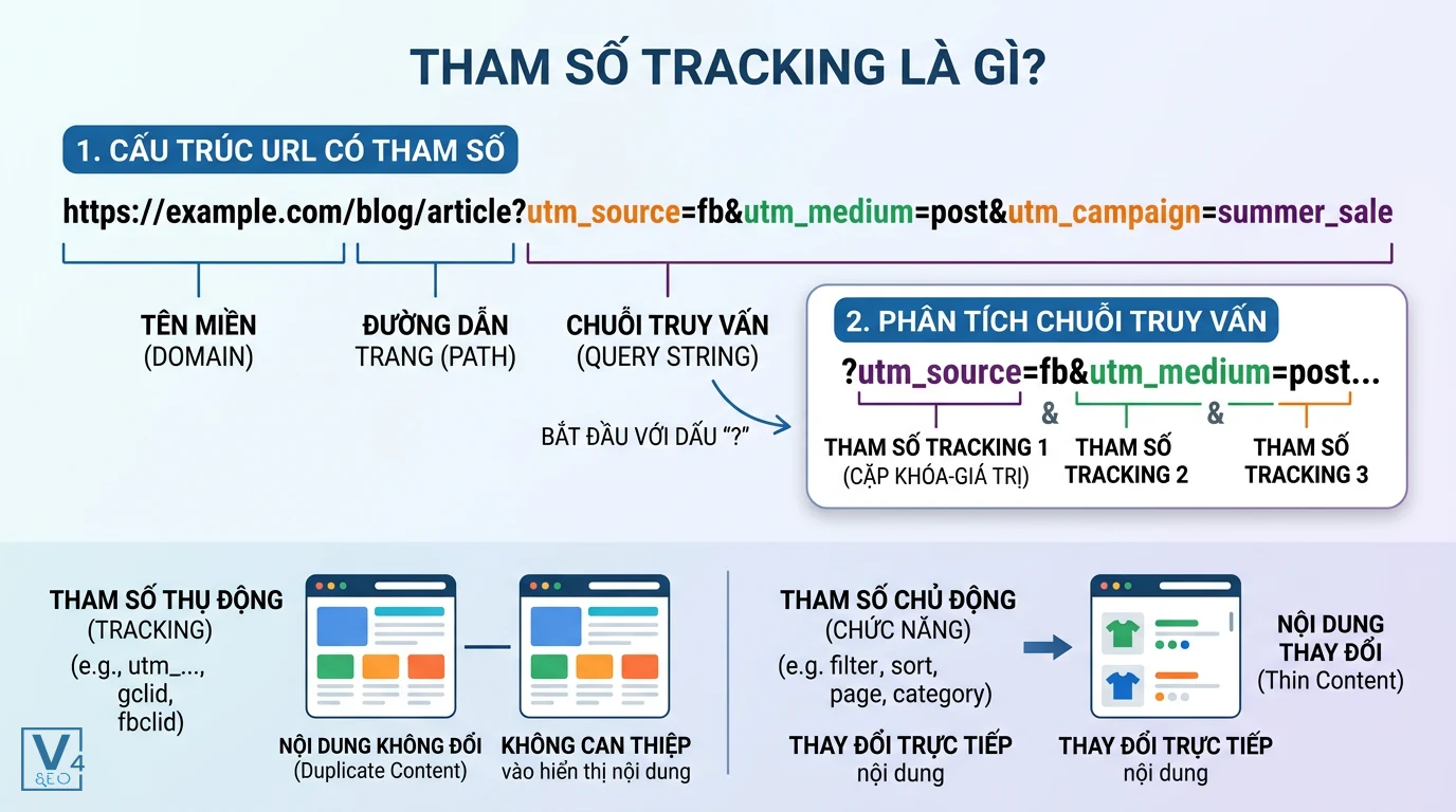 cau-truc-url-va-phan-loai-tham-so-tracking Sơ đồ phân tích cấu trúc URL chứa tham số tracking và so sánh cơ chế hoạt động của tham số thụ động với tham số chủ động.