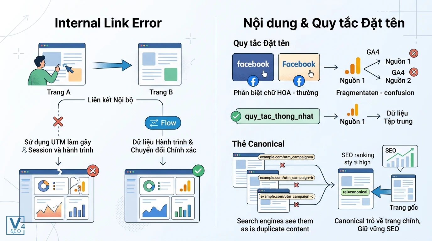 sai-lam-khi-dung-tham-so-tracking Sơ đồ minh họa 3 sai lầm khi dùng tham số tracking gồm lỗi link nội bộ, đặt tên không nhất quán và thiếu thẻ canonical