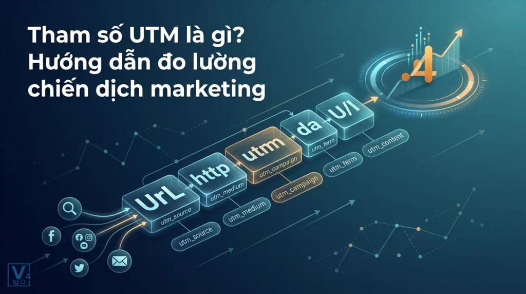 Mô hình cấu trúc đường dẫn chứa các tham số UTM giúp theo dõi nguồn truy cập chiến dịch marketing trên GA4.