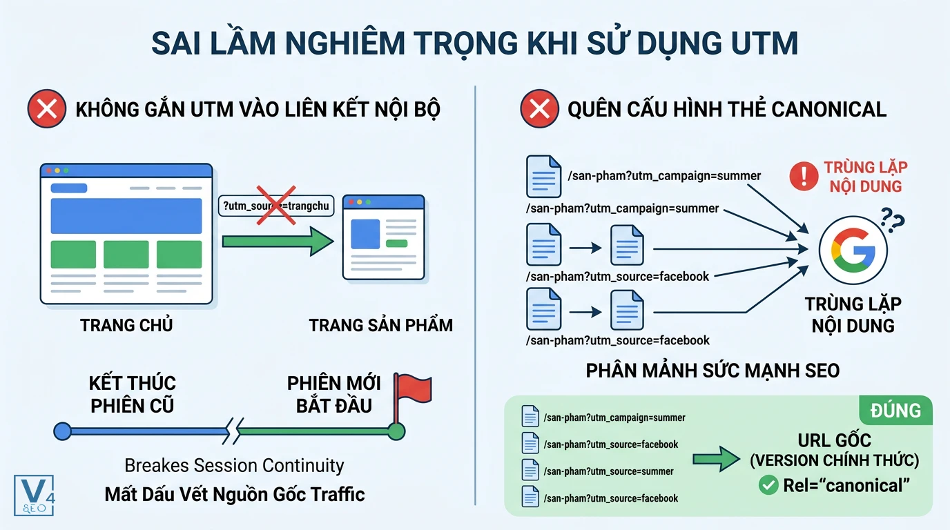 sai-lam-khi-su-dung-tham-so-utm Minh họa hai sai lầm khi dùng tham số UTM là gắn vào link nội bộ gây đứt gãy phiên và quên thẻ canonical gây trùng lặp nội dung.