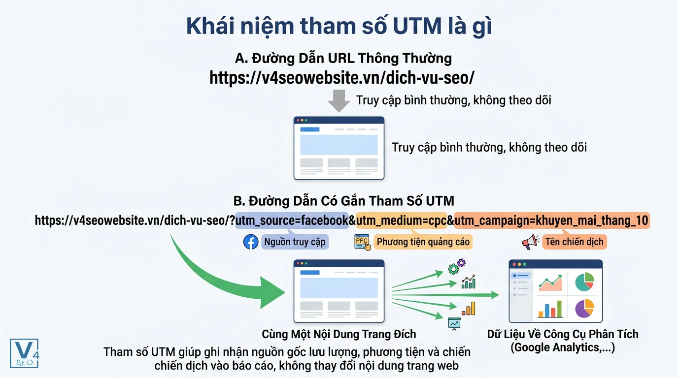 so-sanh-url-thuong-va-url-utm So sánh URL thông thường và URL có gắn tham số UTM giúp theo dõi nguồn truy cập mà không đổi nội dung trang đích.