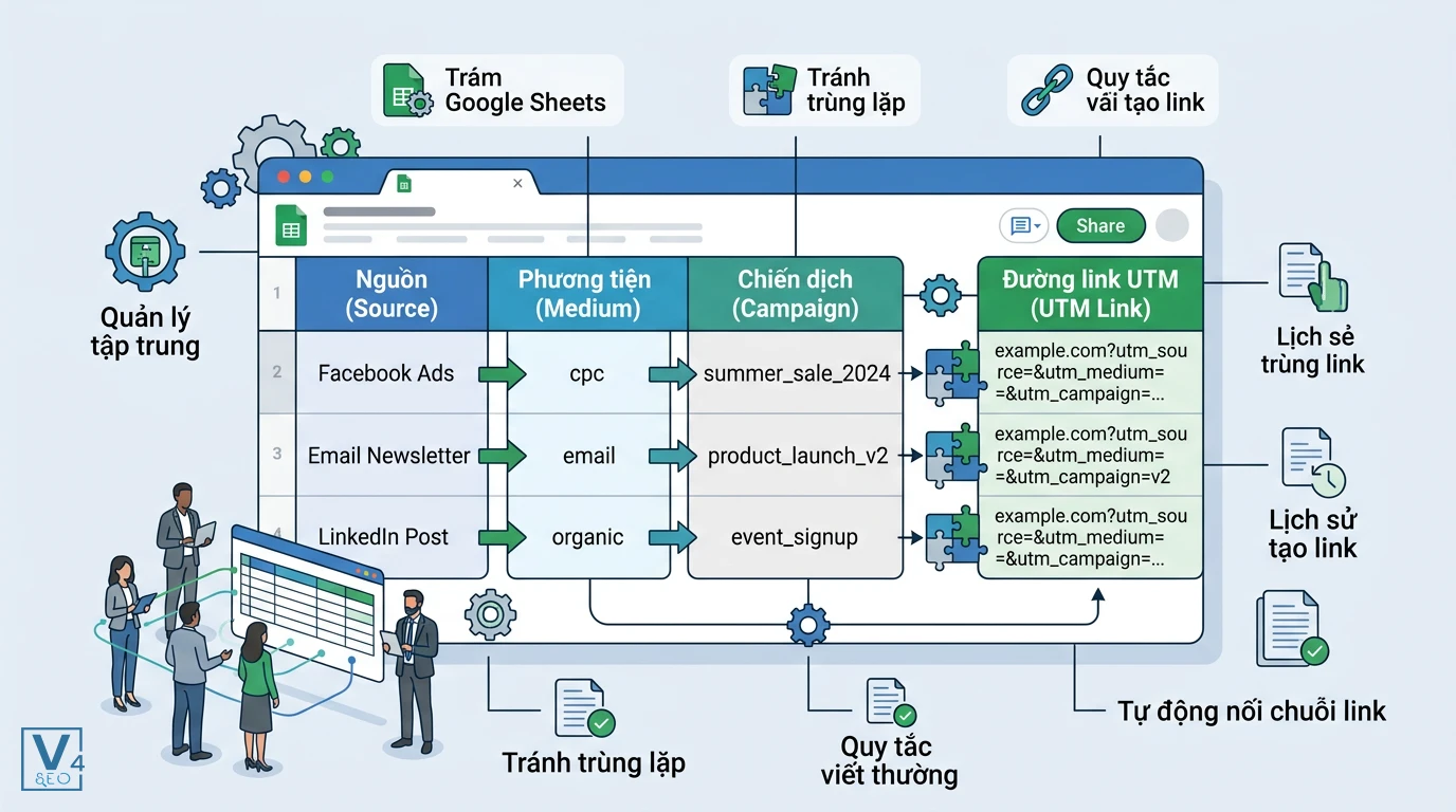 quan-ly-tham-so-utm-tren-google-sheets Mô hình quản lý tham số UTM tập trung trên Google Sheets giúp tự động nối chuỗi và tránh trùng lặp link chiến dịch.