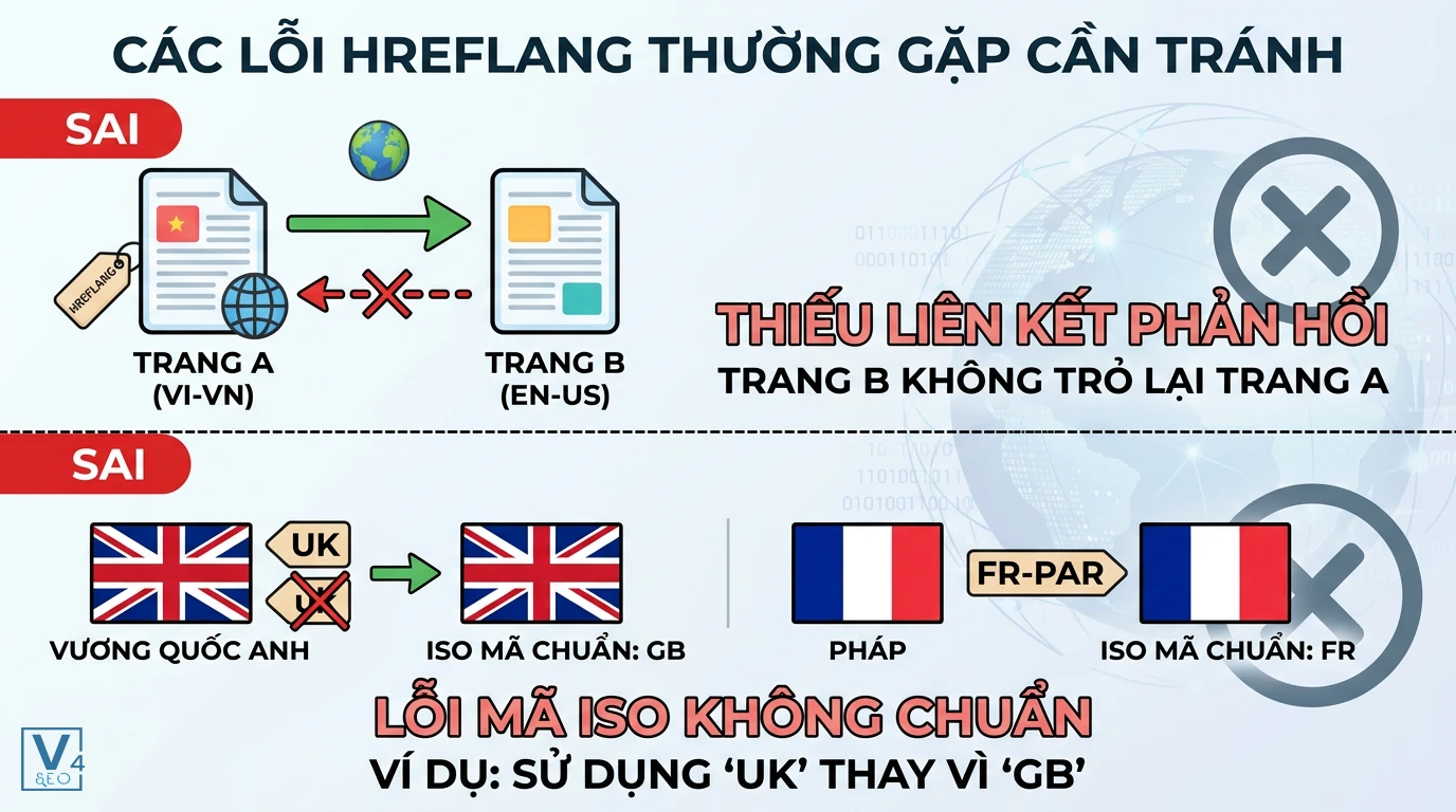 cac-loi-the-hreflang-thuong-gap Mô tả hai lỗi cấu hình thẻ hreflang là gì gồm thiếu liên kết hai chiều và dùng sai mã ISO quốc gia.