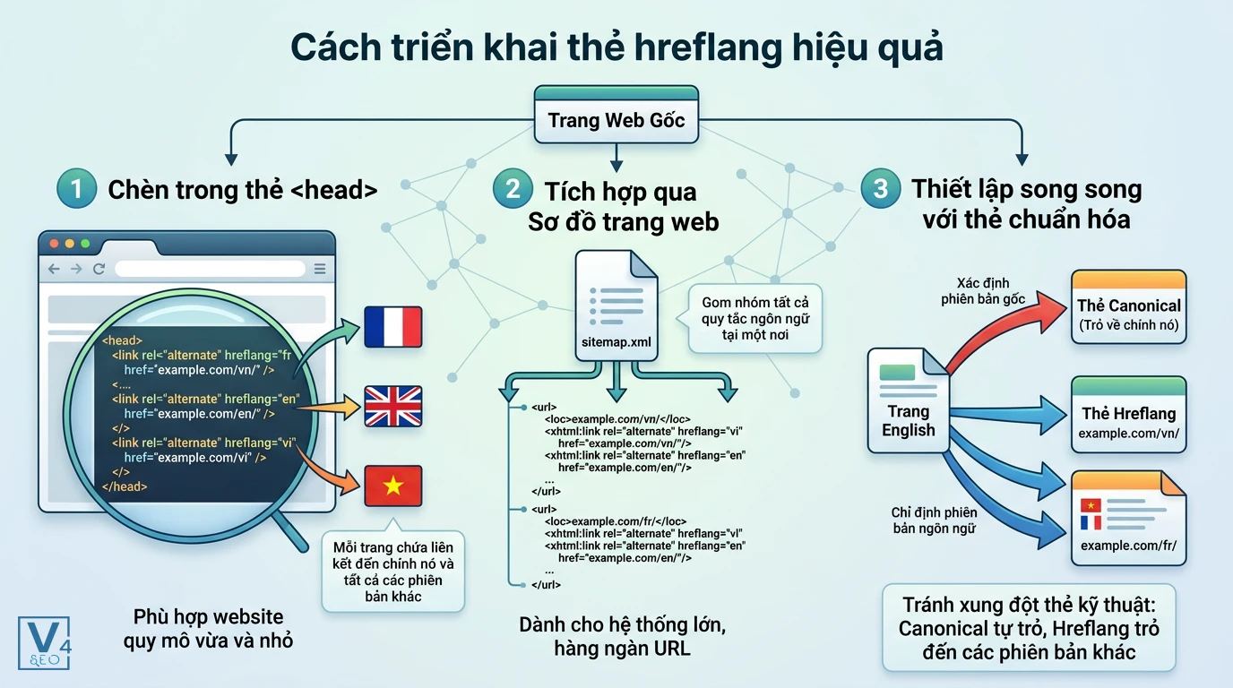 cac-phuong-phap-trien-khai-hreflang Ba phương pháp triển khai thẻ hreflang hiệu quả gồm chèn thẻ head, tích hợp sitemap XML và kết hợp thẻ canonical.