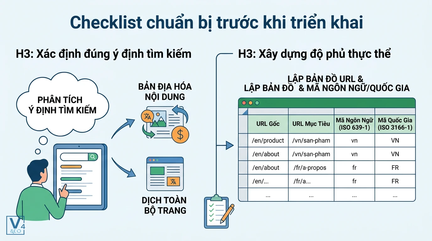 checklist-chuan-bi-truoc-khi-trien-khai-hreflang Sơ đồ các bước chuẩn bị trước khi cài đặt thẻ hreflang gồm phân tích ý định tìm kiếm và lập bản đồ URL đa ngôn ngữ.