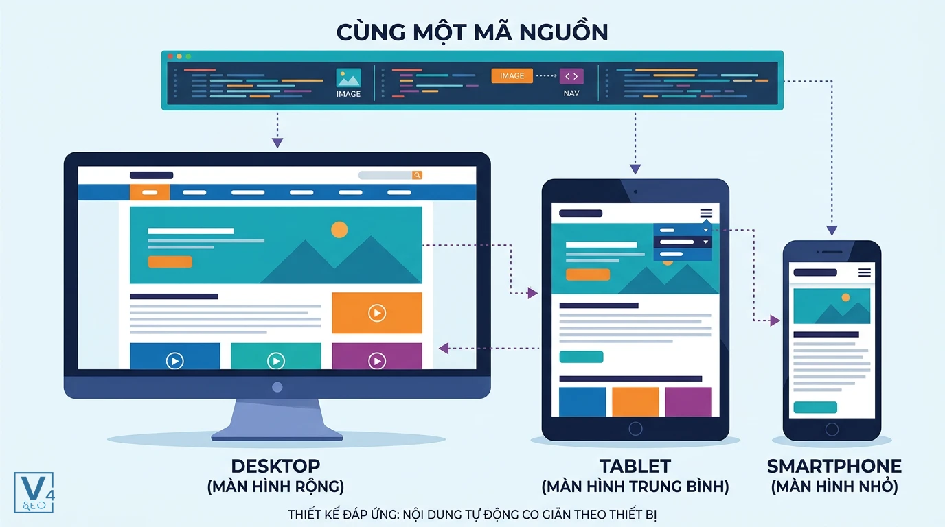 nguyen-ly-hoat-dong-thiet-ke-responsive Mô hình giải thích thiết kế responsive là gì qua việc tối ưu một mã nguồn trên desktop, tablet và smartphone.