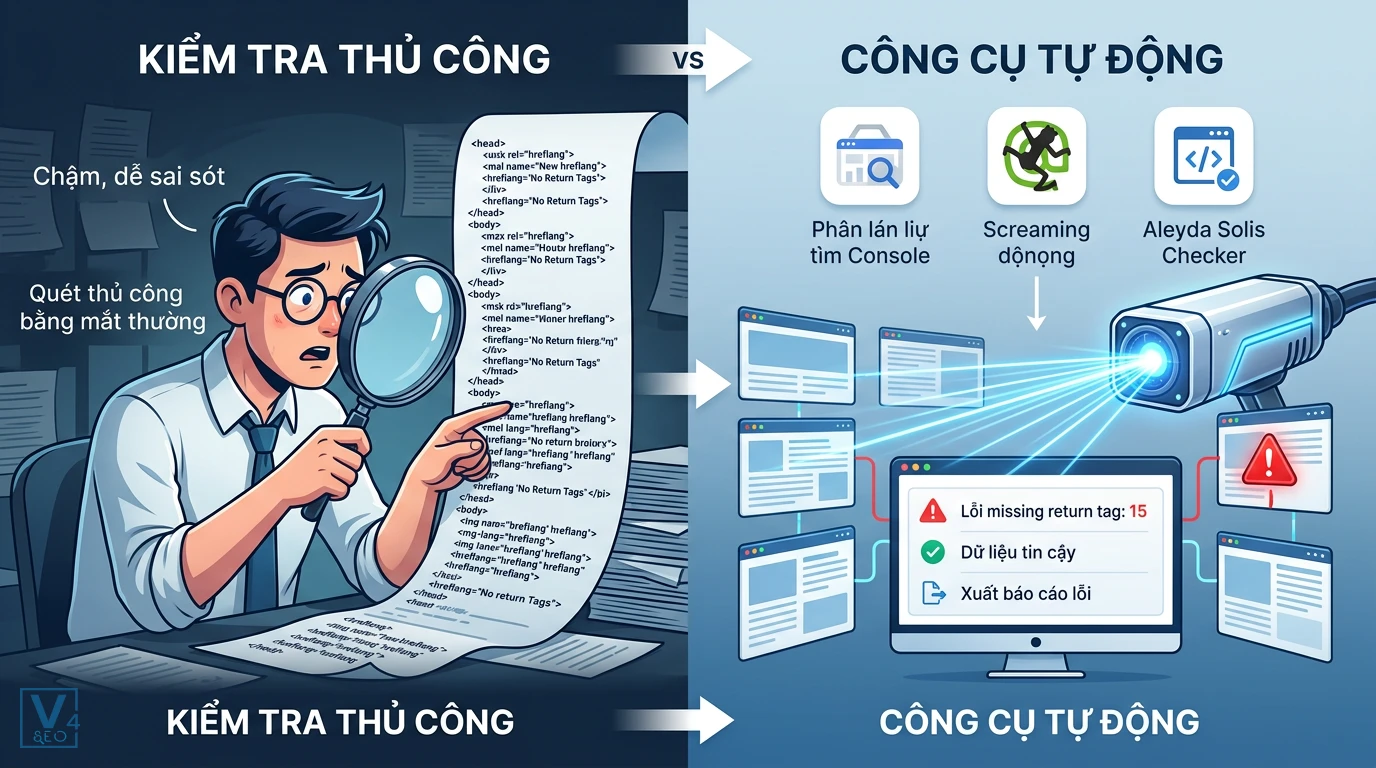 so-sanh-kiem-tra-hreflang-thu-cong-va-tu-dong So sánh kiểm tra thủ công dễ sai sót với việc dùng công cụ tự động để quét lỗi thiếu hreflang đối ứng.