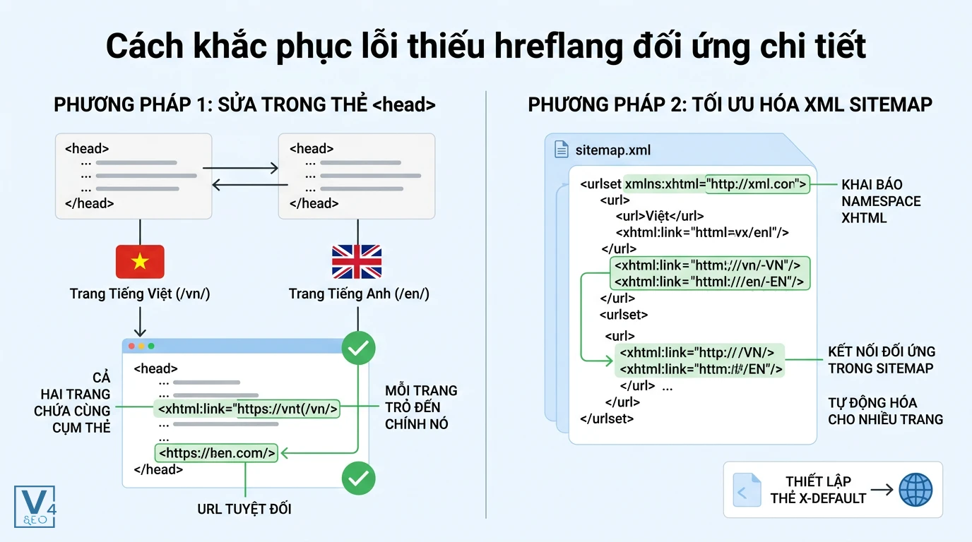 phuong-phap-khac-phuc-loi-hreflang-doi-ung Sơ đồ so sánh hai phương pháp sửa lỗi thiếu hreflang đối ứng bằng thẻ head HTML và tối ưu hóa XML Sitemap.