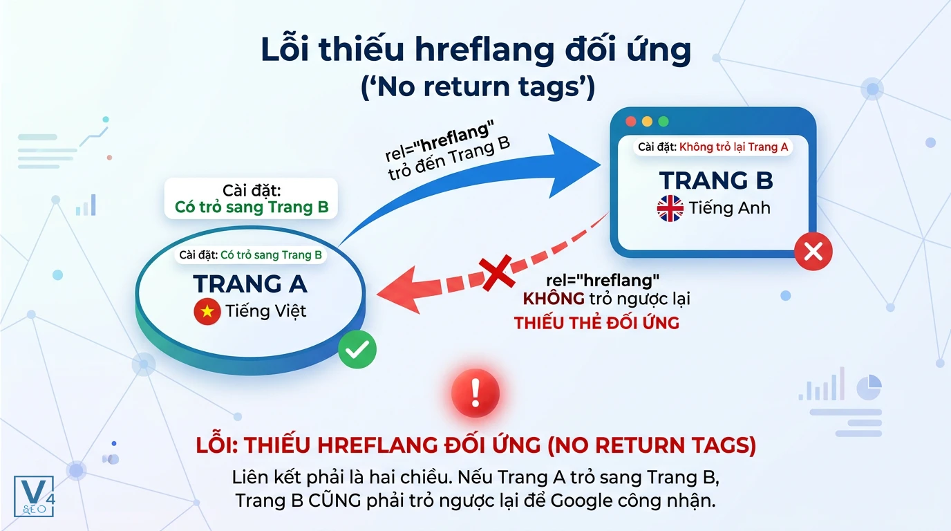 so-do-loi-thieu-hreflang-doi-ung Sơ đồ giải thích lỗi thiếu hreflang đối ứng khi trang B không có thẻ phản hồi trỏ ngược lại trang gốc A.