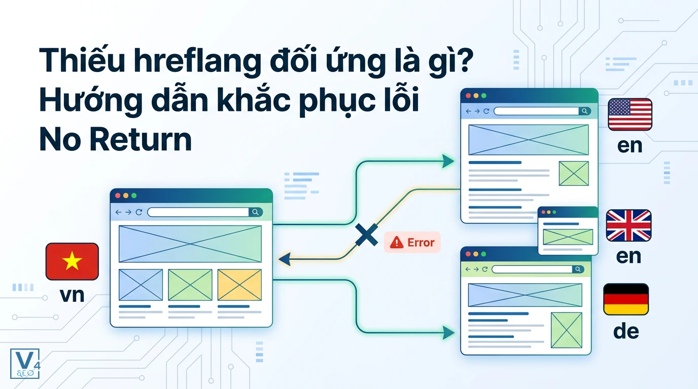Mô hình trực quan hóa lỗi thiếu hreflang đối ứng khi liên kết đa ngôn ngữ không có phản hồi ngược lại.