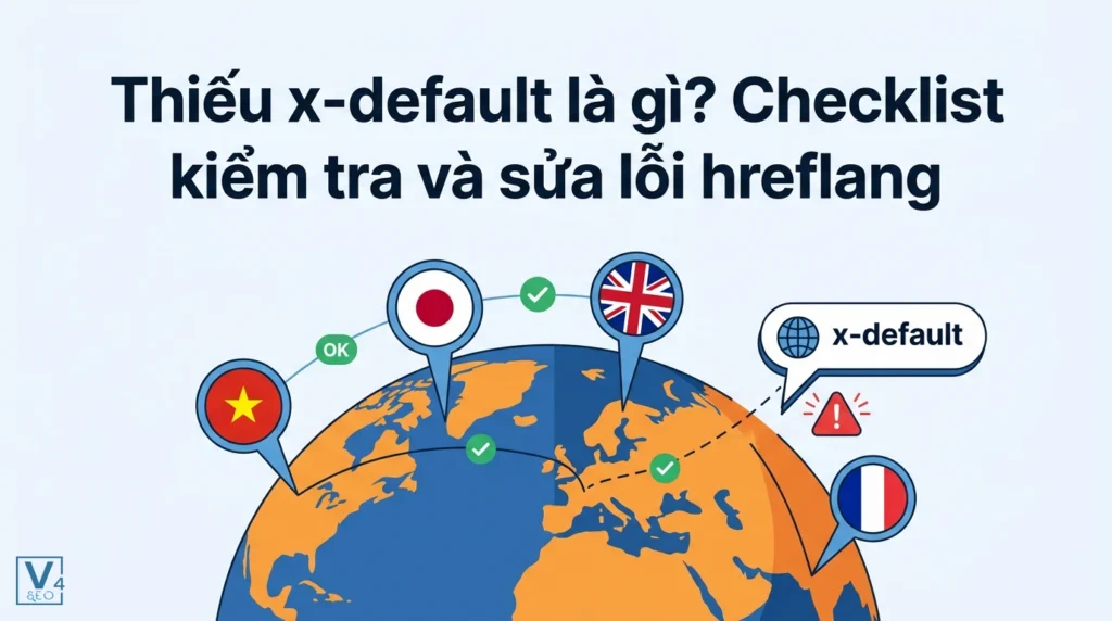 Minh họa lỗi thiếu thẻ x-default trong cấu trúc hreflang đa ngôn ngữ trên bản đồ toàn cầu.