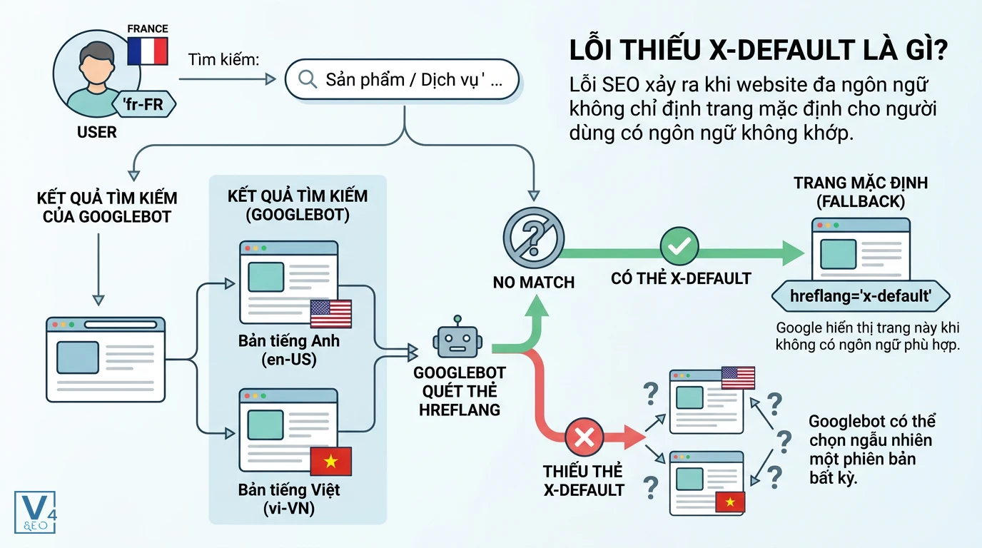 co-che-hoat-dong-the-x-default Sơ đồ so sánh cách Googlebot xử lý khi website đa ngôn ngữ có và thiếu thẻ x-default khi người dùng không khớp ngôn ngữ.