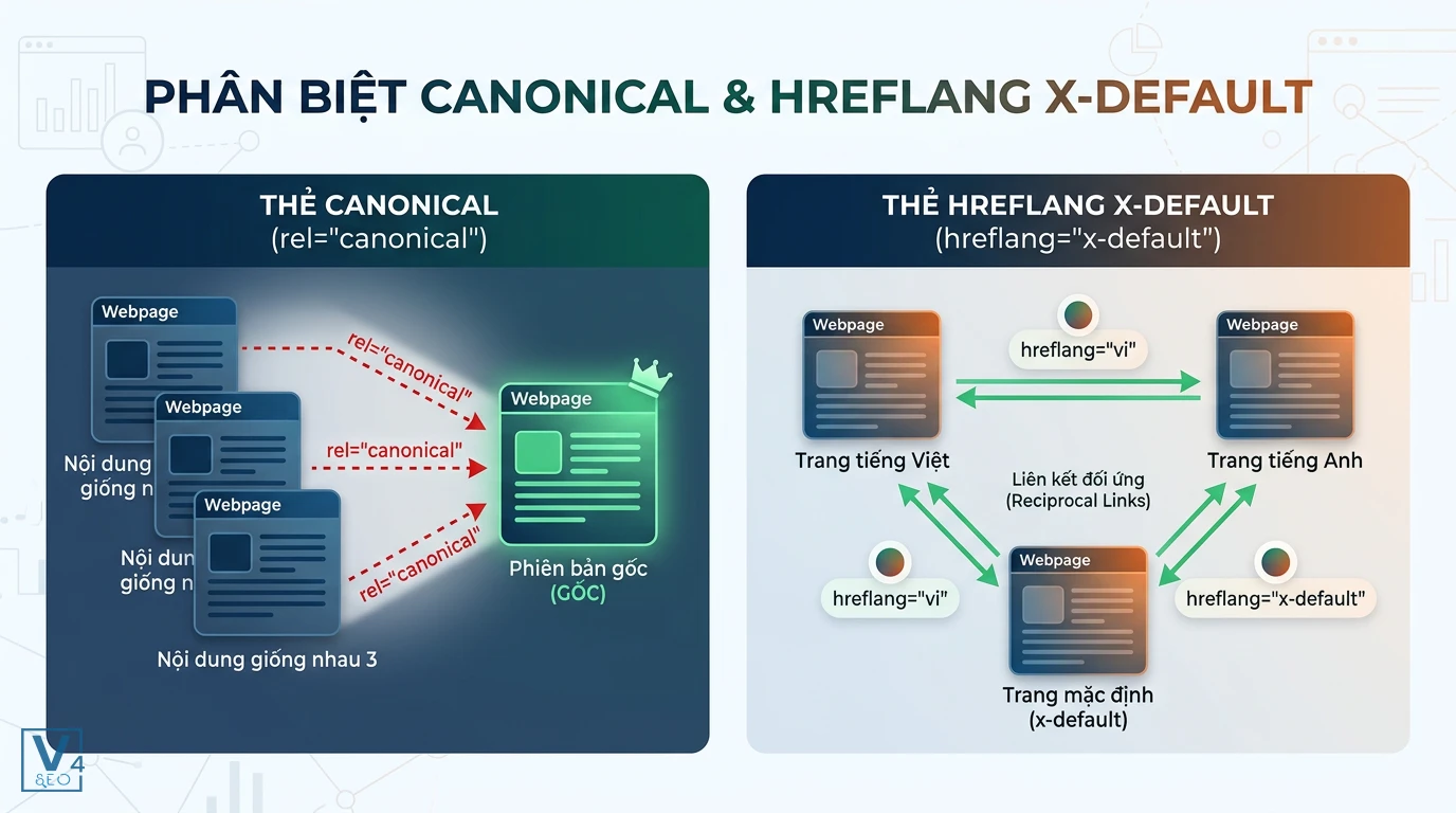 so-sanh-canonical-va-hreflang-x-default Sơ đồ so sánh cơ chế hoạt động của thẻ Canonical giải quyết trùng lặp và thẻ Hreflang x-default liên kết đa ngôn ngữ.