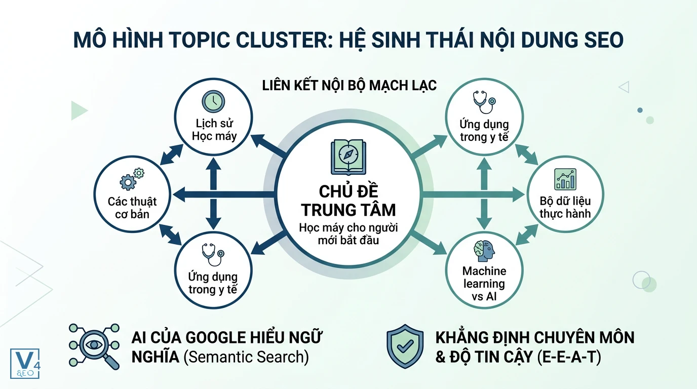 cau-truc-he-sinh-thai-topic-cluster Mô hình cấu trúc topic cluster là gì với chủ đề trung tâm kết nối các bài viết phụ qua liên kết nội bộ.