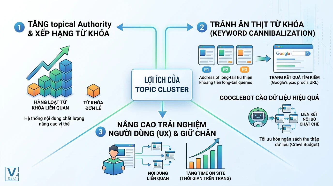 loi-ich-cua-topic-cluster-cho-website Sơ đồ tóm tắt 4 lợi ích cốt lõi của topic cluster đối với hiệu suất SEO và trải nghiệm người dùng trên website.