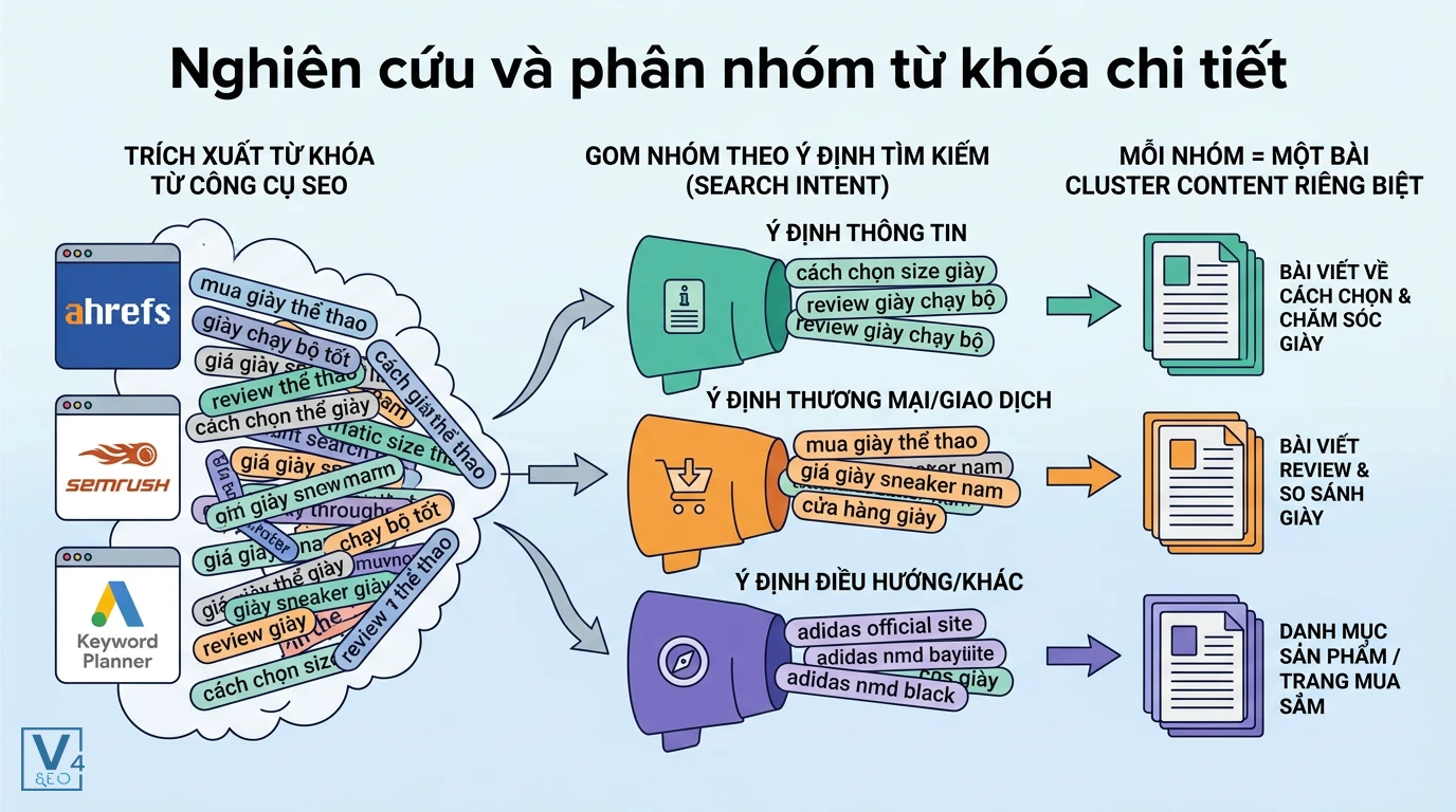 quy-trinh-phan-nhom-tu-khoa-seo Quy trình phân loại từ khóa theo ý định tìm kiếm để xây dựng các bài viết phụ trong topic cluster.