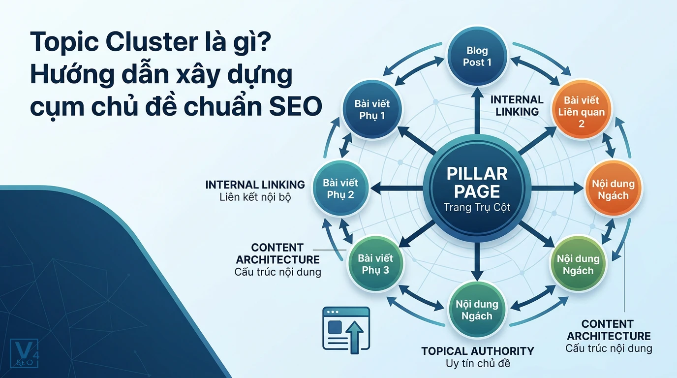 Mô hình cấu trúc topic cluster liên kết trang trụ cột pillar page với các bài viết phụ qua hệ thống link nội bộ
