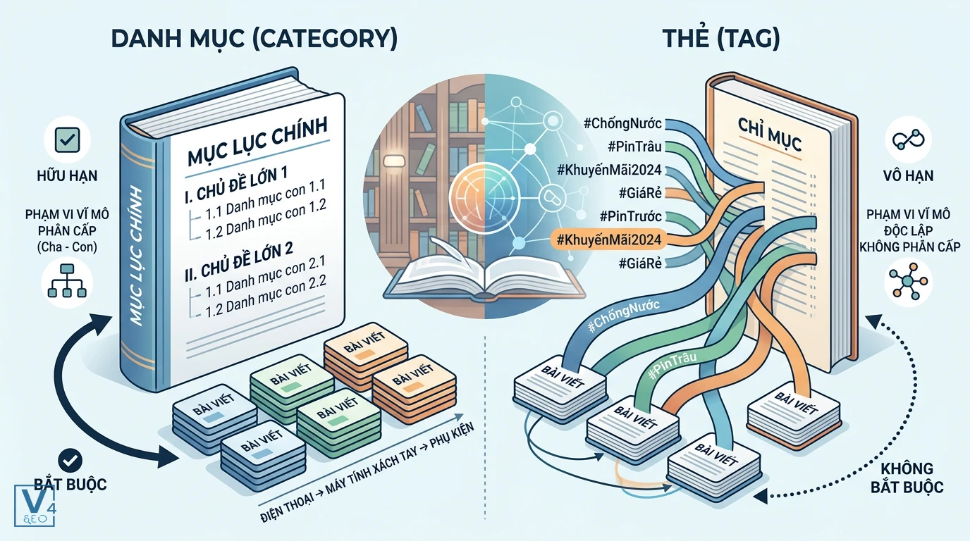 so-sanh-category-va-tag-website So sánh sự khác biệt giữa Category và Tag trong cấu trúc website qua hình ảnh mục lục chính và chỉ mục sách.