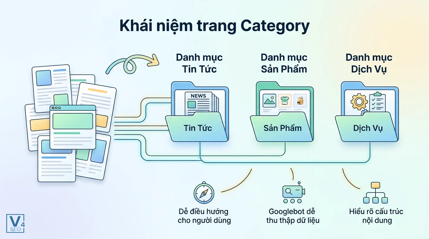 khai-niem-trang-category-tren-website Sơ đồ phân loại nội dung website vào các trang category giúp tối ưu cấu trúc và hỗ trợ Googlebot thu thập dữ liệu.