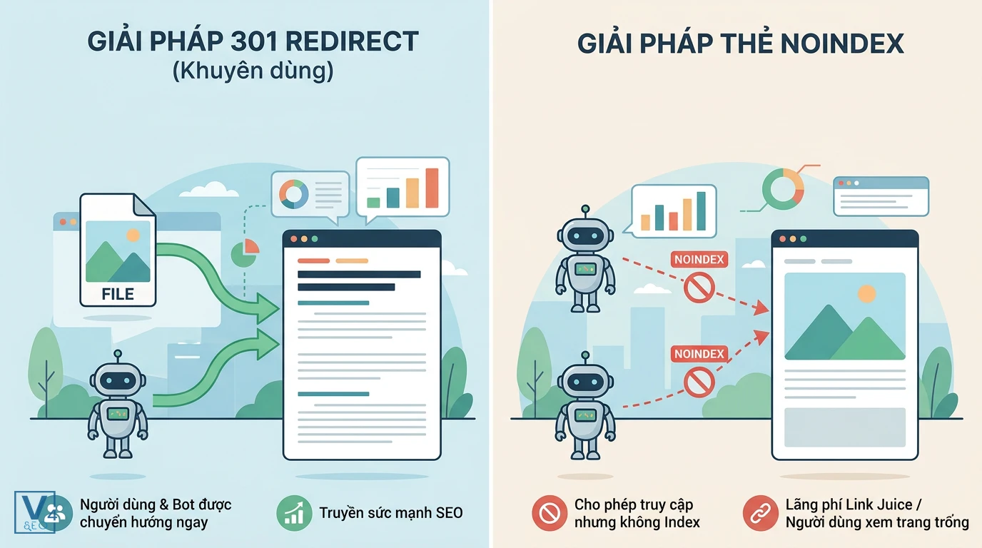 so-sanh-redirect-301-va-noindex-trang-dinh-kem So sánh hiệu quả SEO giữa giải pháp Redirect 301 và thẻ Noindex khi xử lý lỗi trang đính kèm trên website.