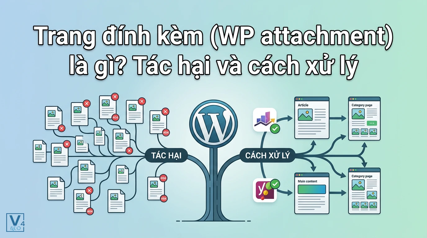 Sơ đồ so sánh tác hại của trang đính kèm WP attachment gây lỗi SEO và giải pháp chuyển hướng bằng Rank Math hoặc Yoast SEO.