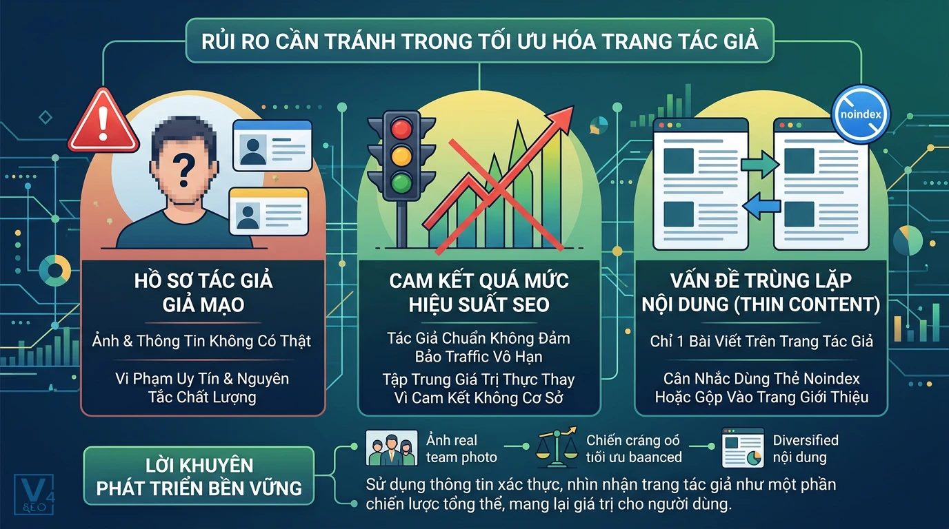 rui-ro-toi-uu-hoa-trang-tac-gia Sơ đồ tóm tắt 3 rủi ro lớn cần tránh khi tối ưu hóa trang tác giả bao gồm hồ sơ giả, cam kết ảo và trùng lặp nội dung.
