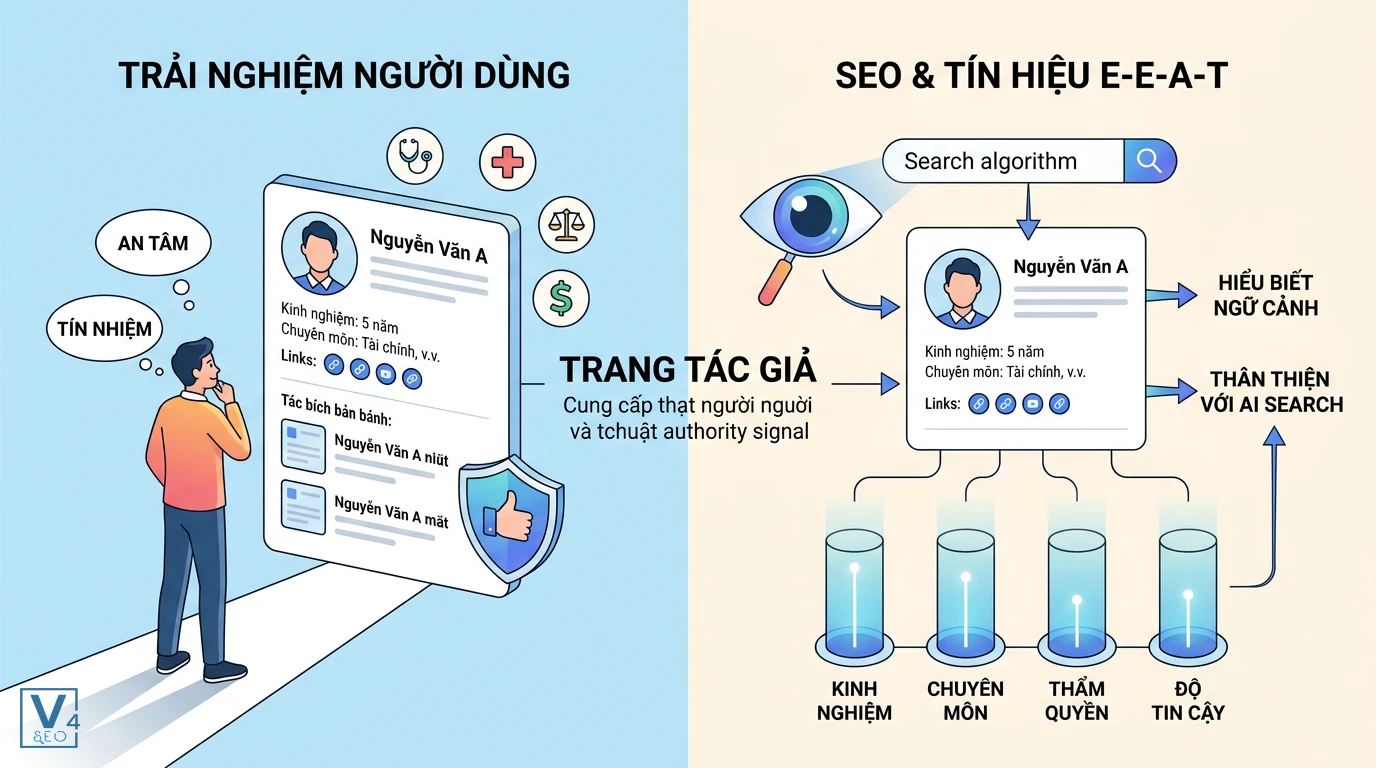 vai-tro-trang-tac-gia-seo-eeat Sơ đồ so sánh vai trò của trang tác giả đối với trải nghiệm người dùng và tối ưu SEO theo tiêu chuẩn E-E-A-T.