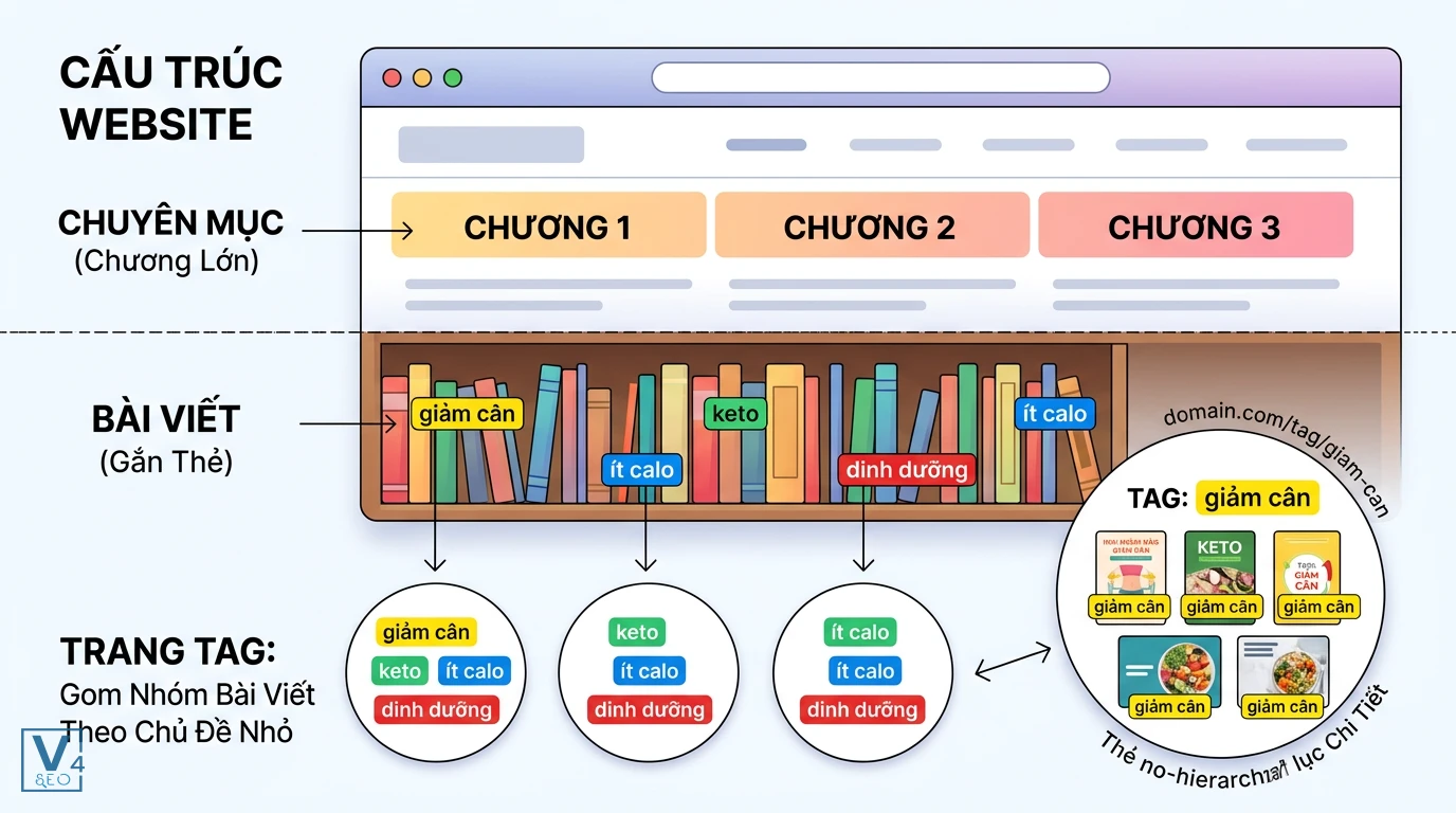 cau-truc-trang-tag-tren-website Mô hình so sánh cấu trúc website giữa chuyên mục lớn và trang tag giúp gom nhóm bài viết theo chủ đề nhỏ.