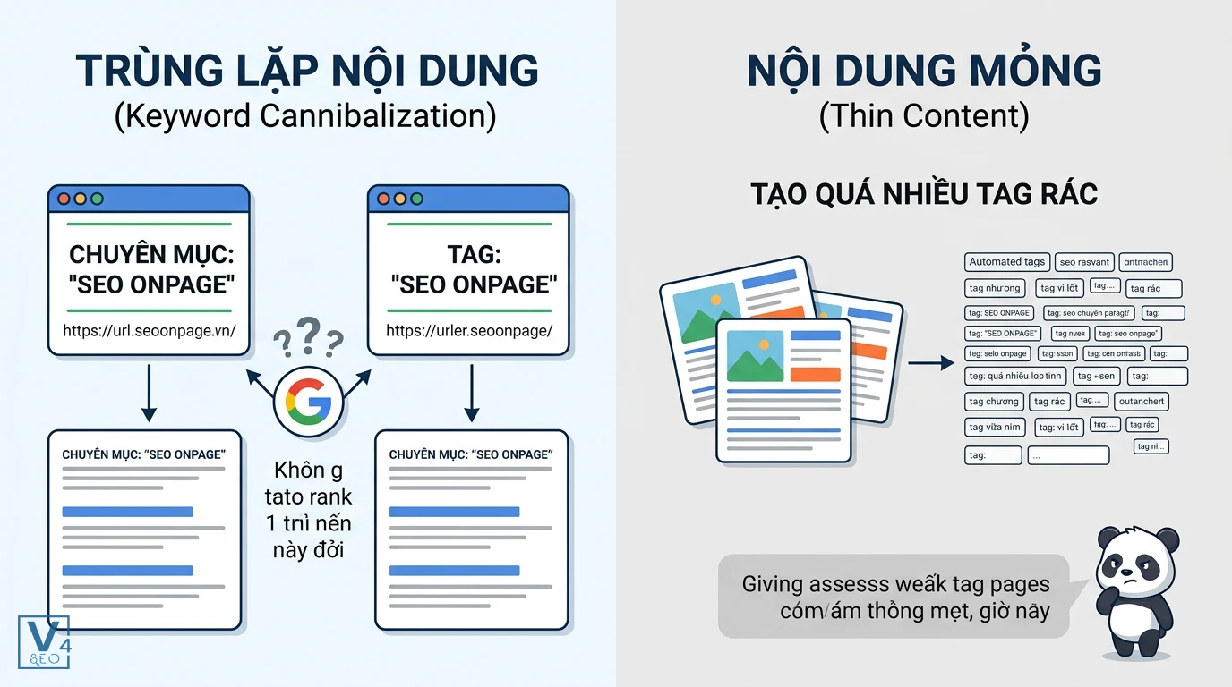 sai-lam-su-dung-tag-gay-hai-seo Mô hình so sánh lỗi trùng lặp nội dung do đặt tên tag trùng chuyên mục và lỗi tạo quá nhiều tag rác gây nội dung mỏng.