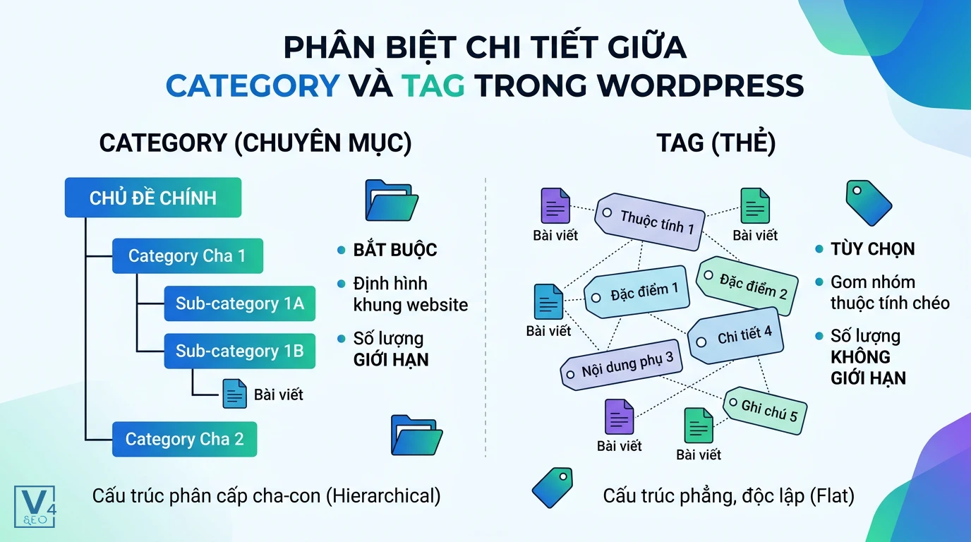 so-sanh-category-va-tag-wordpress Sơ đồ so sánh cấu trúc phân cấp của Category và cấu trúc phẳng của trang tag là gì trong WordPress.