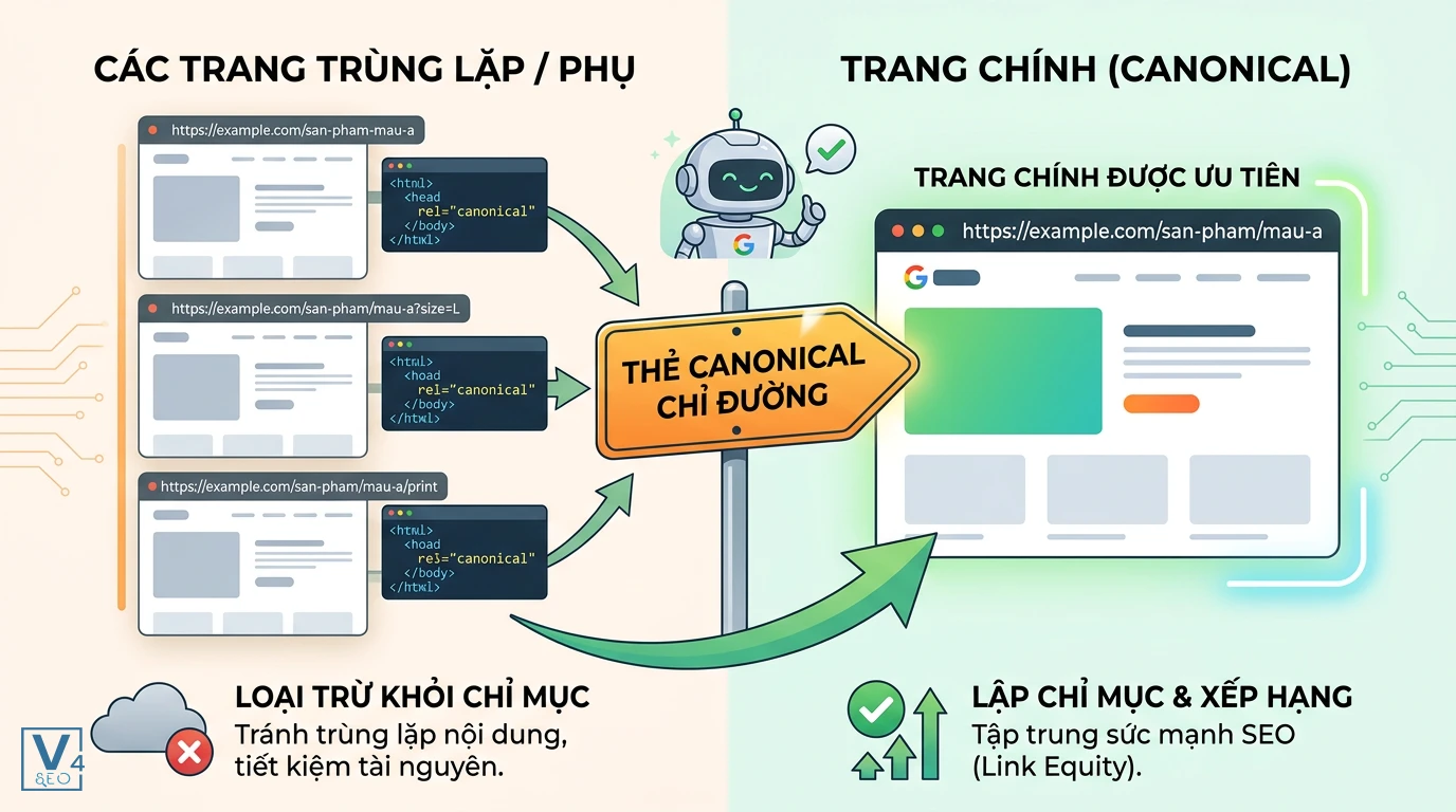 co-che-hoat-dong-the-canonical Sơ đồ cơ chế hoạt động của thẻ canonical giúp Googlebot định hướng trang gốc và loại bỏ các trang trùng lặp.