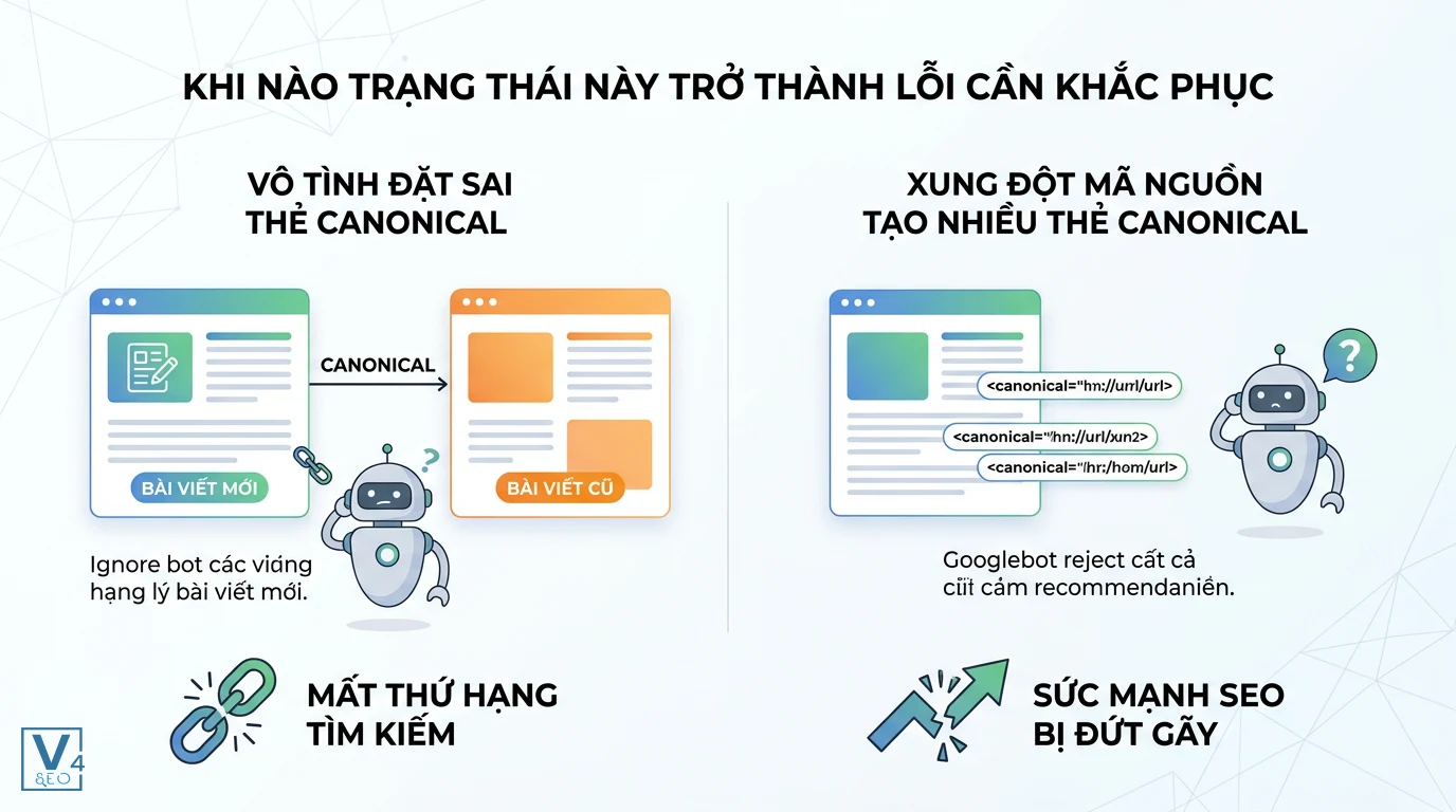 nguyen-nhan-loi-canonical-sai-lech Hai nguyên nhân phổ biến gây lỗi trang thay thế có canonical đúng khiến website mất thứ hạng và đứt gãy sức mạnh SEO.