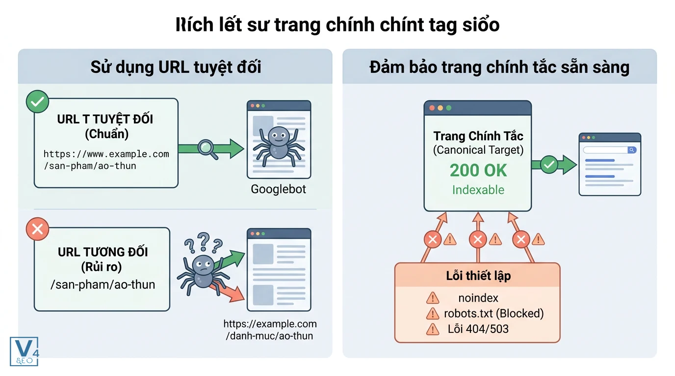 nguyen-tac-su-dung-the-canonical Sơ đồ so sánh URL tuyệt đối với URL tương đối và các lỗi cần tránh khi thiết lập thẻ canonical cho trang web.