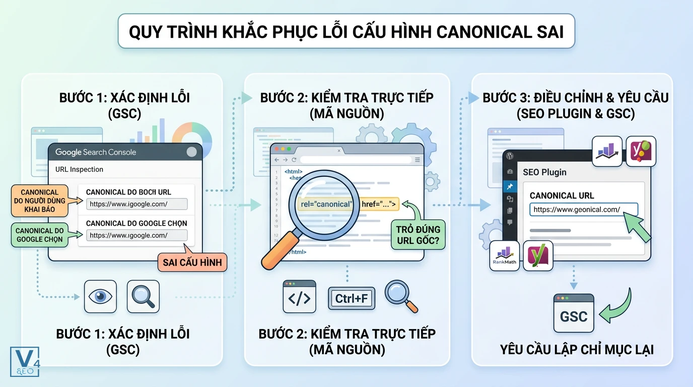 quy-trinh-khac-phuc-loi-canonical Sơ đồ 3 bước kiểm tra và sửa lỗi cấu hình canonical sai bằng Google Search Console, mã nguồn HTML và plugin SEO.