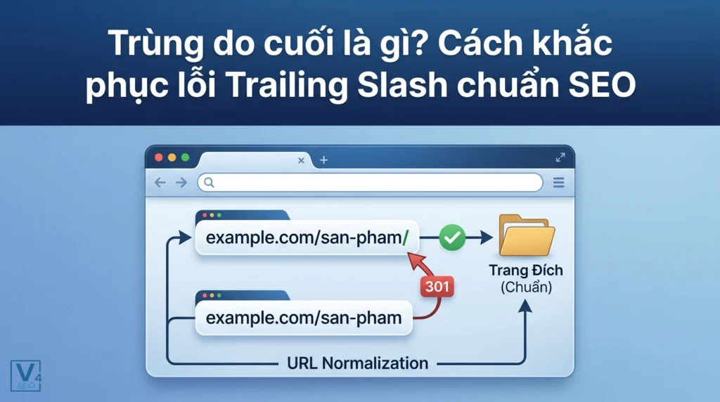 Mô hình chuyển hướng 301 để khắc phục lỗi trùng do cuối giữa hai phiên bản URL có và không có dấu gạch chéo.