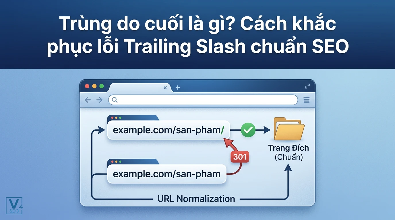 Mô hình chuyển hướng 301 để khắc phục lỗi trùng do cuối giữa hai phiên bản URL có và không có dấu gạch chéo.